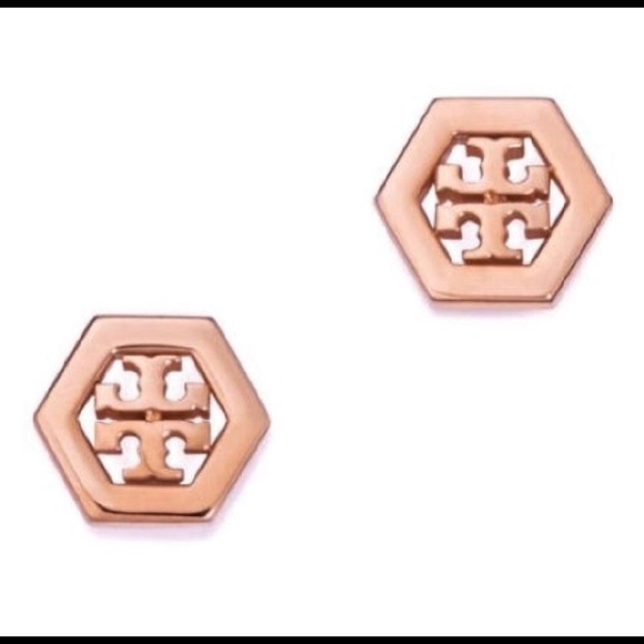 NWT Tory Burch Hex Logo Rose Gold Earrings - Picture 2 of 4